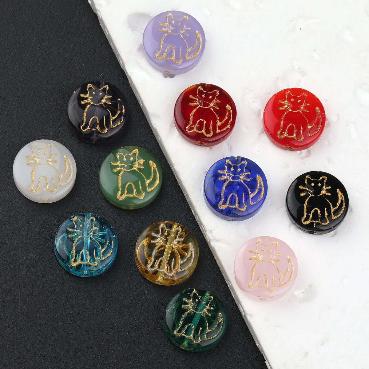 7pcs Beads & Bead Assortments Unique Beads Czech Glass Beads Colorful Flat Round Cat Pattern Crafts Beads For DIY Jewelry Making