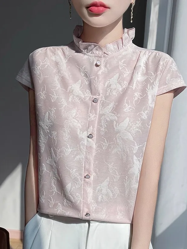 

Elegant Ruffle Collar Short Sleeve Women's Shirt Knitted Base Layer Outerwear Comfortable Commute Style Slim Fit