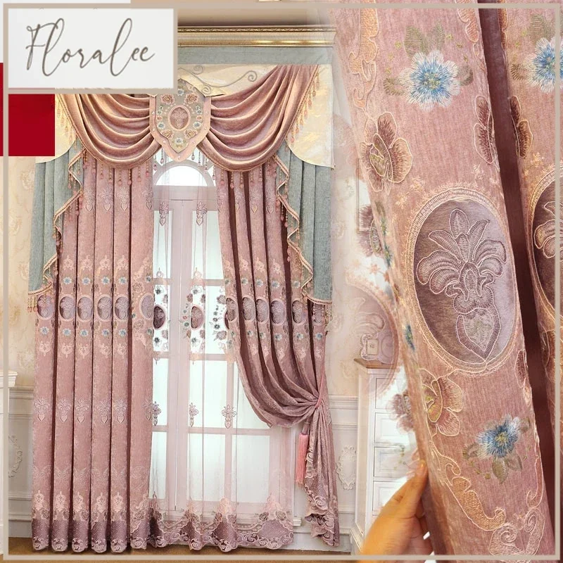 New Pink Chenille Velvet Embroidered Window Screen Thickened Curtains For Living Room Bedroom French Window Balcony Window