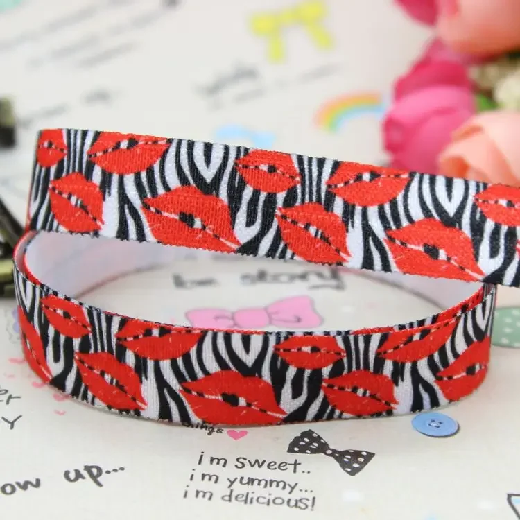 DHK 5/8 inch 5yards Fold Over Elastic FOE Hot Lips printed ribbon headband diy decoration OEM Wholesale C454