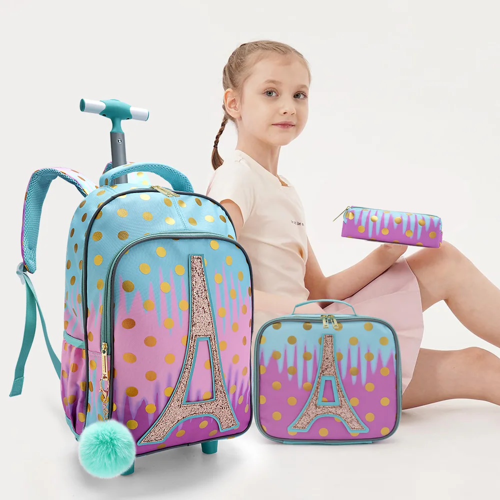 3PCS Rolling Backpack for Girls Kids Wheeled School BookBag With Lunch And Pen Bag Iron tower Pink Glow-in-the-dark Function Sc34088c2ca684d19b61c64a463433844H
