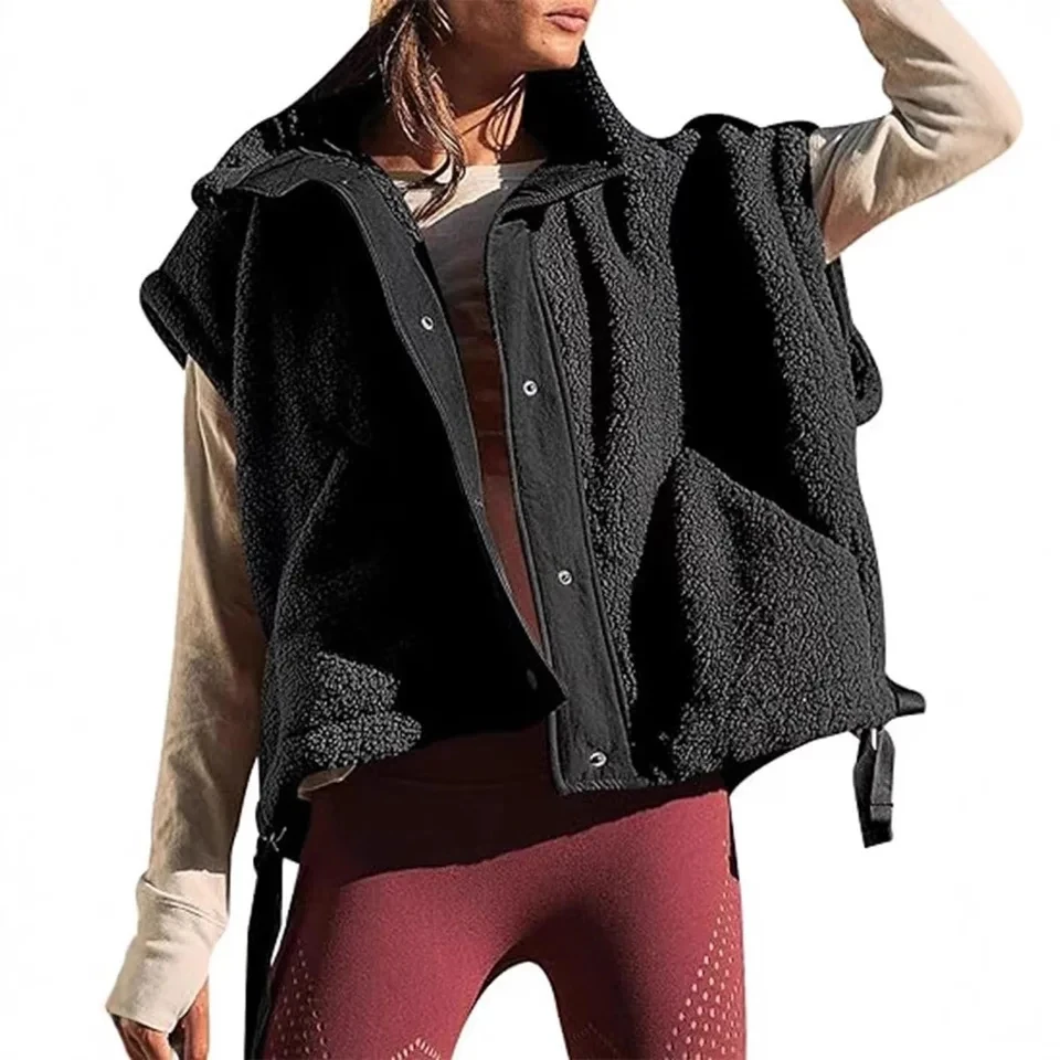 

2026 Spring Autumn New Women Black Sleeveless Lambswool Vest Warm Fashion Slim Pocket Stand Collar Style
