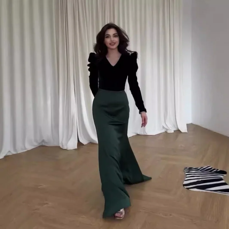 

Autumn Fashion Elegant Velvet PatchworkvIntellectual Waist-Cinching Tie Long Dress