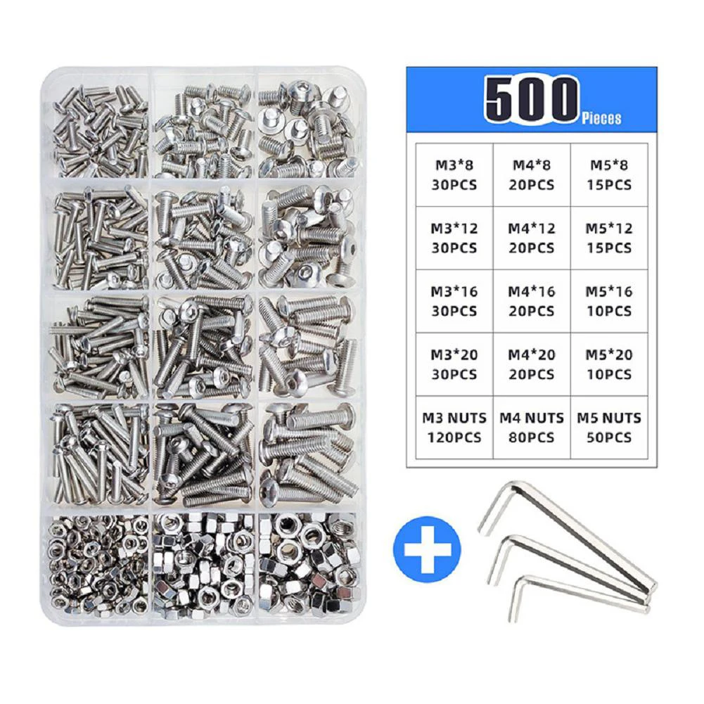 500 Pieces Stainless Steel Hex Socket Head Bolts Kit M3/M4/M5 with Nuts and Washers for Secure Fixing in Various Repair Projects