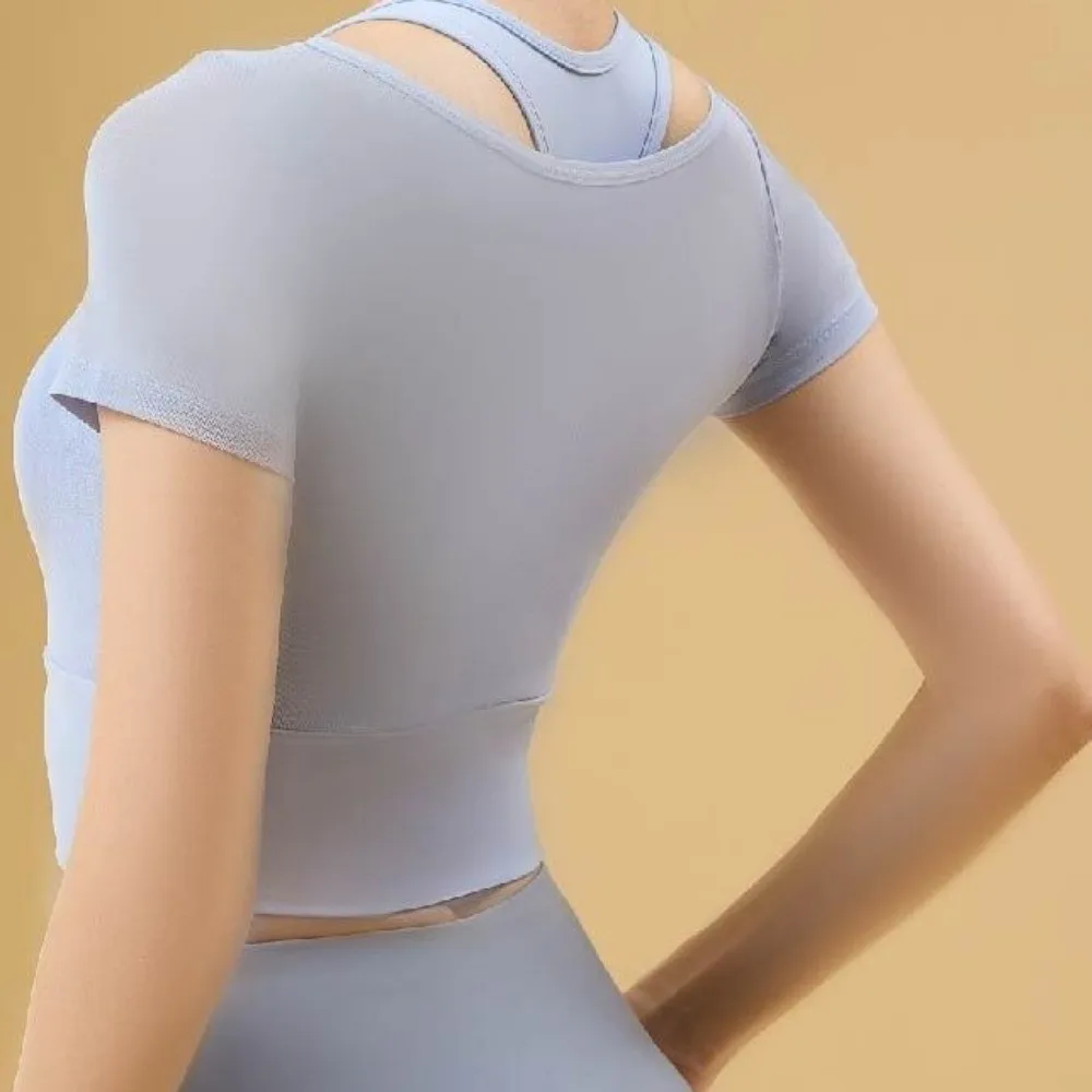 

Спортивное нижнее белье: женские футболки для йоги с коротким рукавом, имитация двухслойности, с подкладкой, сетчатый кроп-топ для фитнеса и тренировок в зале