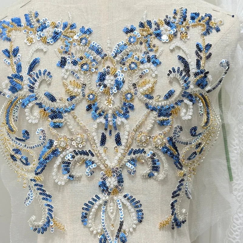 Schwerindustrie-Perlenstickerei-Stoff mit Perlenstickerei-Pailletten und Strangfaden für Hochzeitskleid-Dekorationszubehör – Detail 3