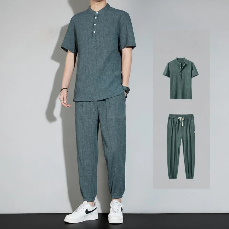 Plain Man Trousers Sets Linen T-shirts Pants Suits for Men High Quality Loose Tee Stretch Novelty in Regular Fit Casual Basic