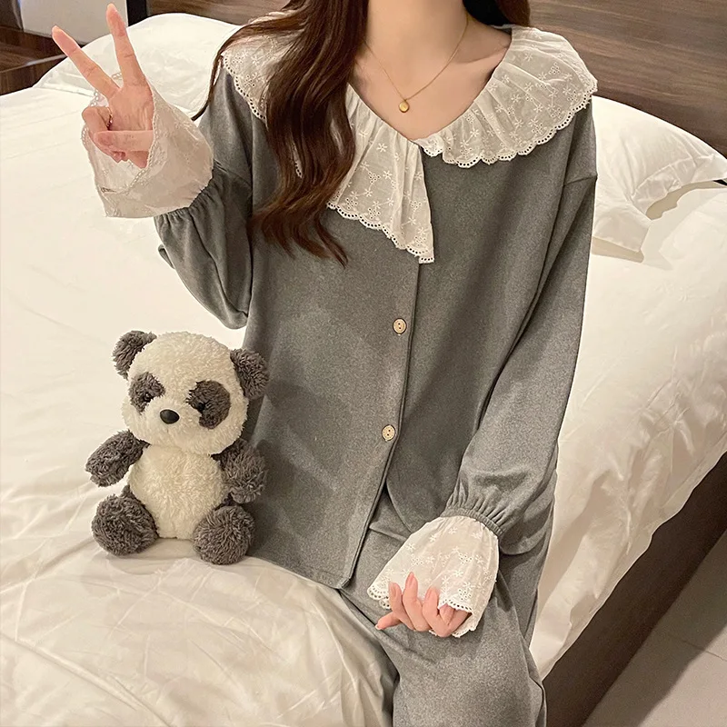 INS Women\'s Spring Autumn Pajamas Lace Doll Collar Sleepwear Set Sweet Cute Home Clothing New Pijama Feminino Nightwear Suit