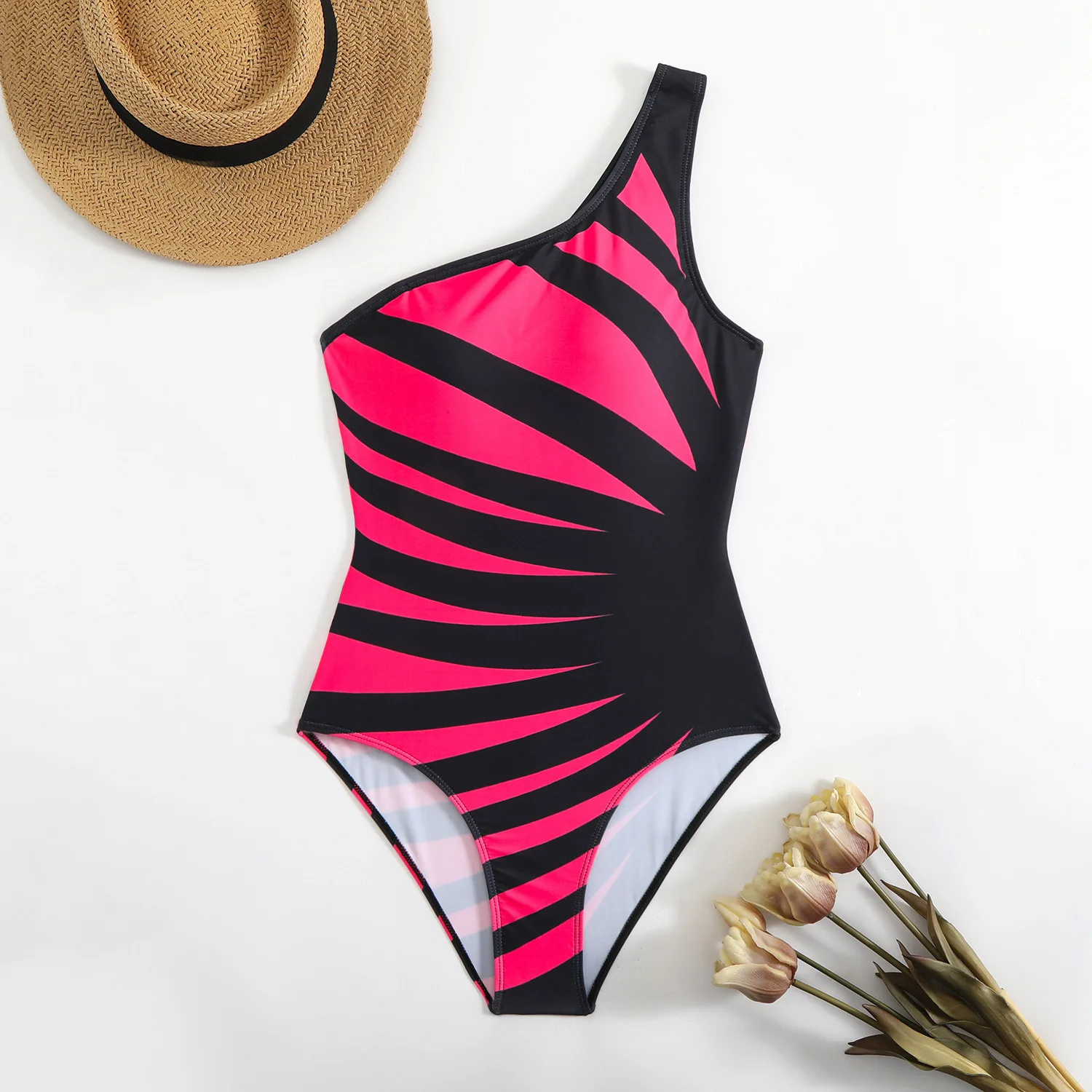 

New Sexy One Piece Swimsuit Women Striped One Shoulder Push Up Swimwear Padded Cut Out Monokini High Waist Bathing Suit Bather