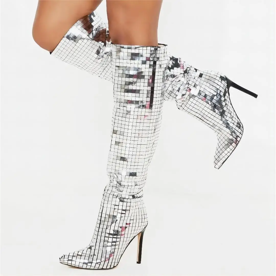 2024 European and American Fashion Personality Silver Square Sequins Thin High Heels, Pointed Toe Sleeves, High Leg Knee Boots