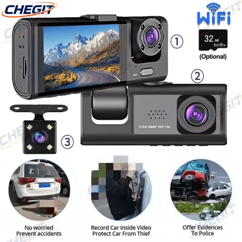 Cámara de salpicadero para coches, aplicación WIFI, DVR para coche, cámara frontal de 2/3 lentes, grabadora de vídeo, cámara de visión trasera para vehículo, caja negra, accesorios para coche