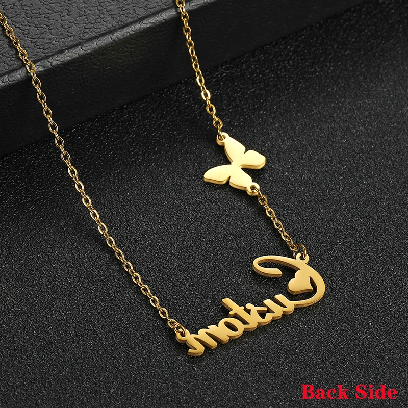 Collier personnalisé avec nom givré en acier inoxydable, pendentif avec lettres abrasives en or, ras du cou papillon, chaîne, plaque signalétique, cadeau