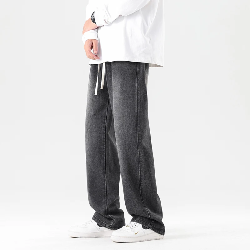 Men's 2024 Spring and Autumn New Fashion Splicing Pocket Drawstring Draping Loose Retro Straight Leg Casual Wide Leg Jeans