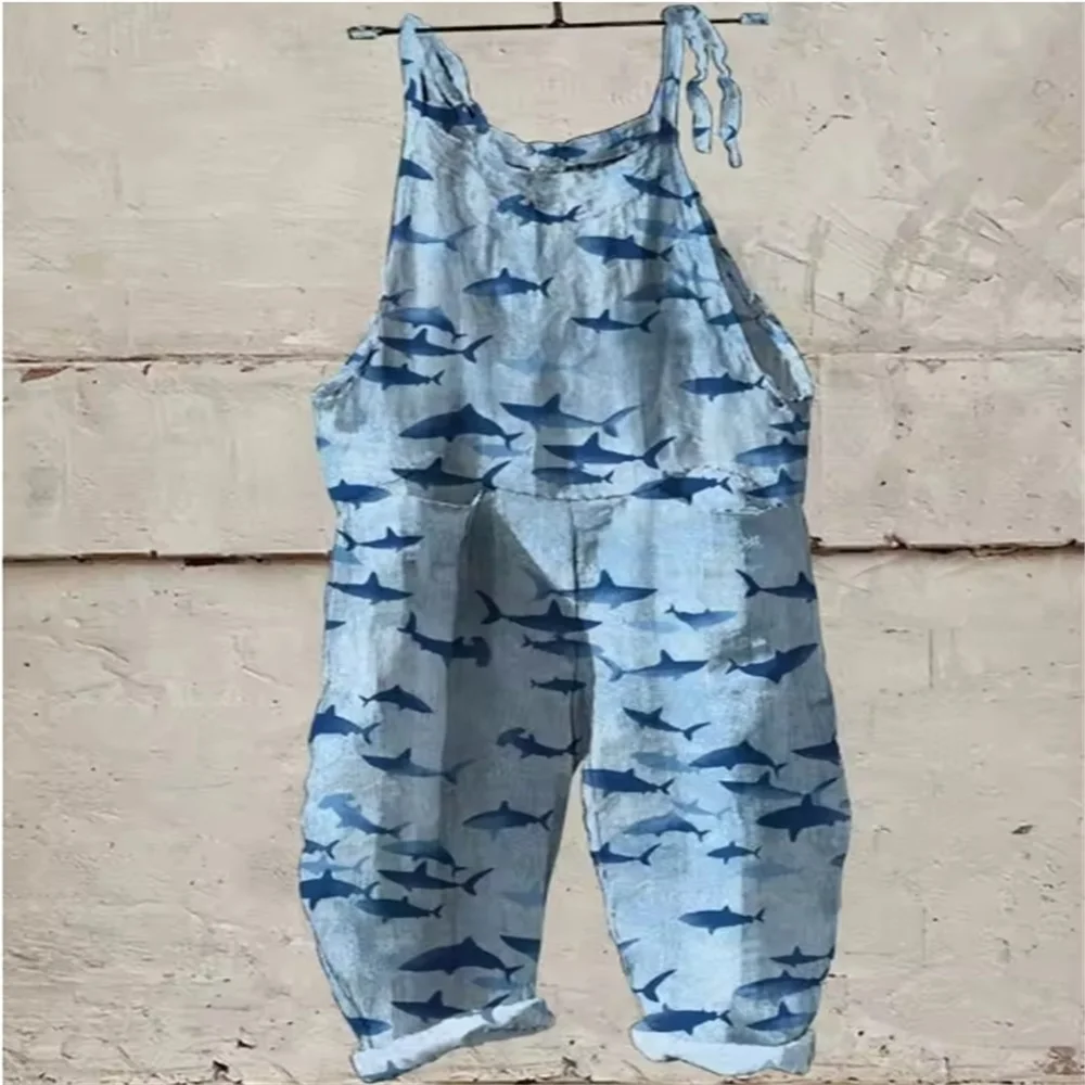 

Summer 2025 regular streetwear breathable one-piece pants, 3D colorful fish print, casual and cute one-piece pants