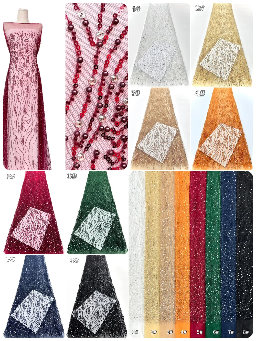 Red Luxury African Lace Fabric 2026 High Quality Sequins Beads Lace Fabric For Nigeria Wedding French Net Lace Fabric Christmas