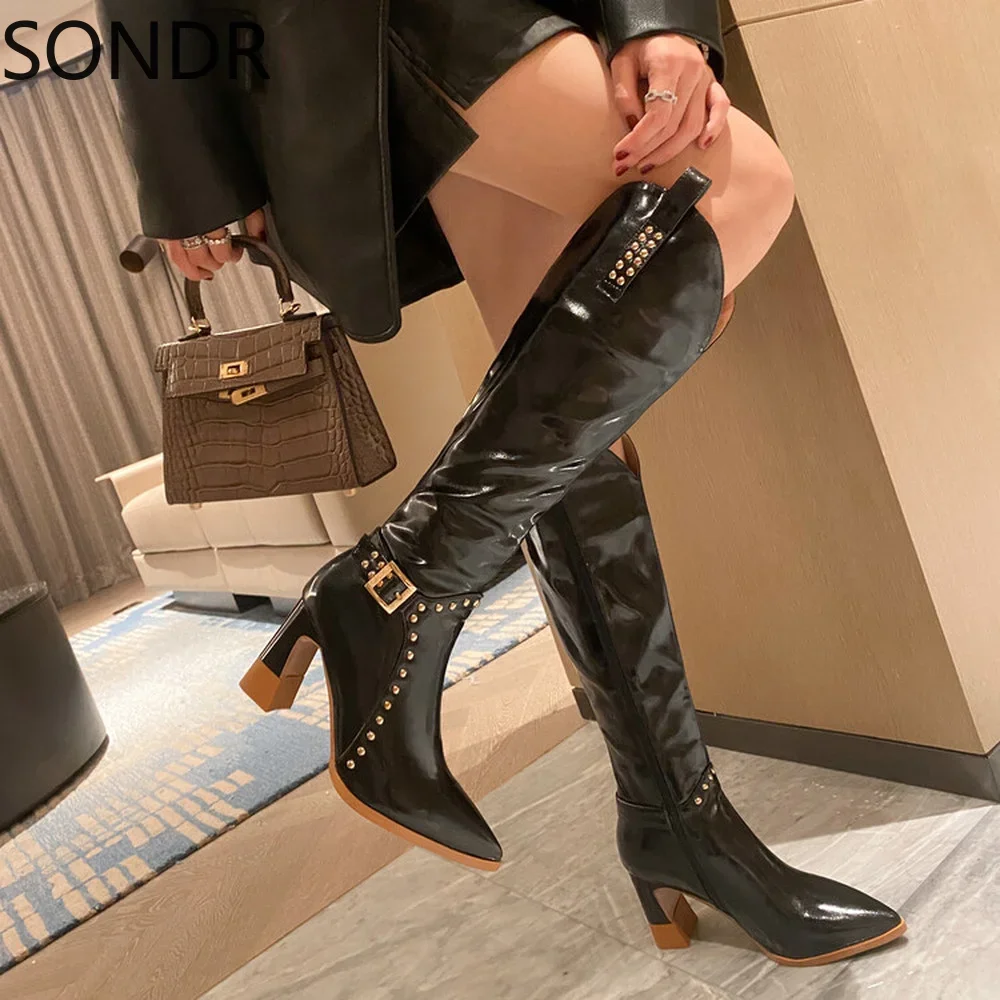 

Womens Knee Thigh Boots Side Zipper High Heel Knight Riding Rivet Belt Buckle Shoes Pointed Toe Big Sz New 2024