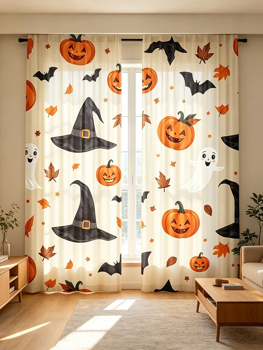2PCS Digital Printed Curtains, Halloween Ghost Bat Autumn Leaves Pattern, Holiday Party Decoration for Bedroom Living Room Offic