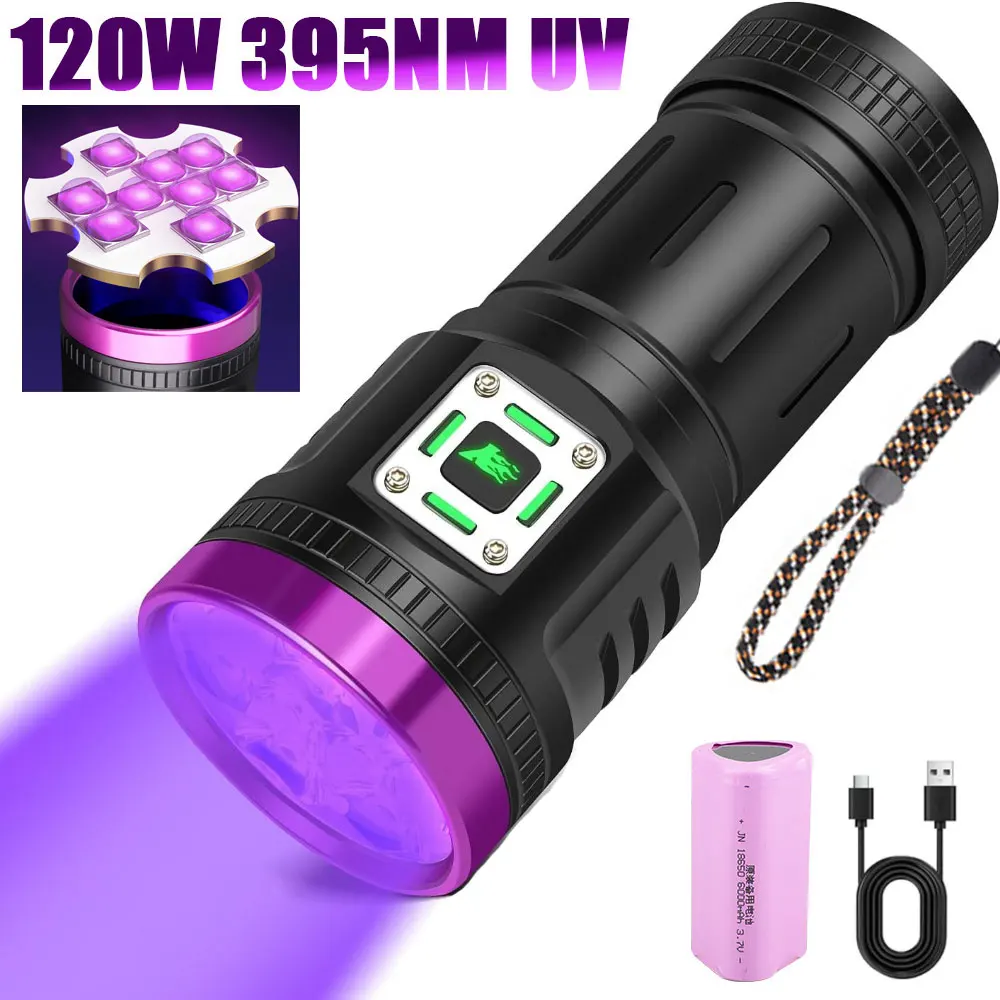 120W Powerful UV Flashlight Usb Rechargeable Blacklight Flashlights 9-Core Led 395 nm UV Light for Pet Urine Detection,Scorpion