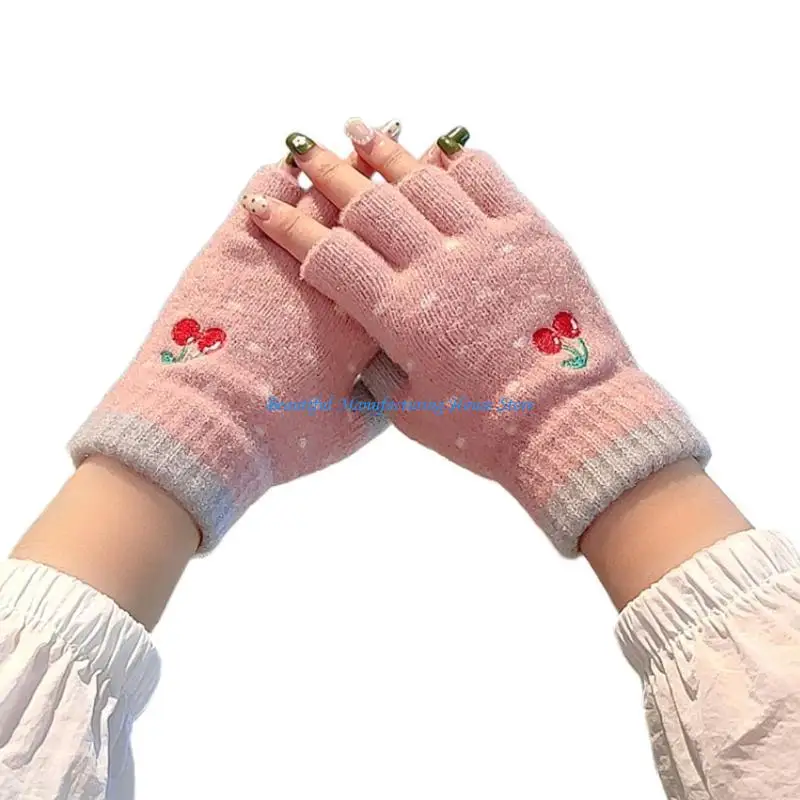 E56A Fingerless Gloves Warm Mittens Women Half Finger Stretchy Knit Typing Gloves