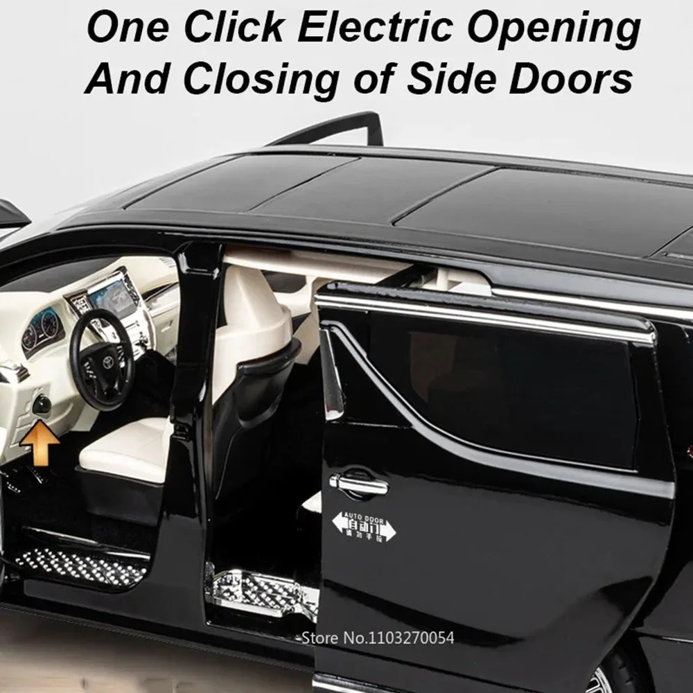 1:18 Alphard Vellfire Model Speelgoedauto's Legering Diecast Geluid Licht Deuren Geopend Voorwiel Steering Trek Simulatie Voertuigen