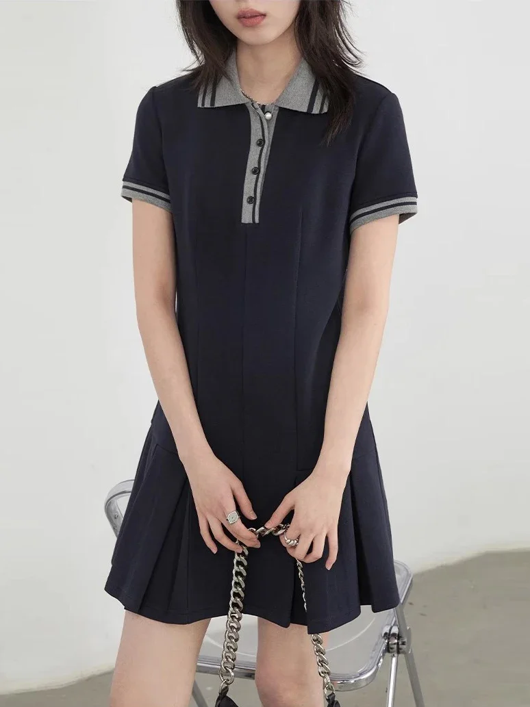 CHIC VEN Women Dresses A Line Loose Casual Contrast Polo Short Sleeved Girl Dress Pleats Female Sports Coat Spring Summer 2025