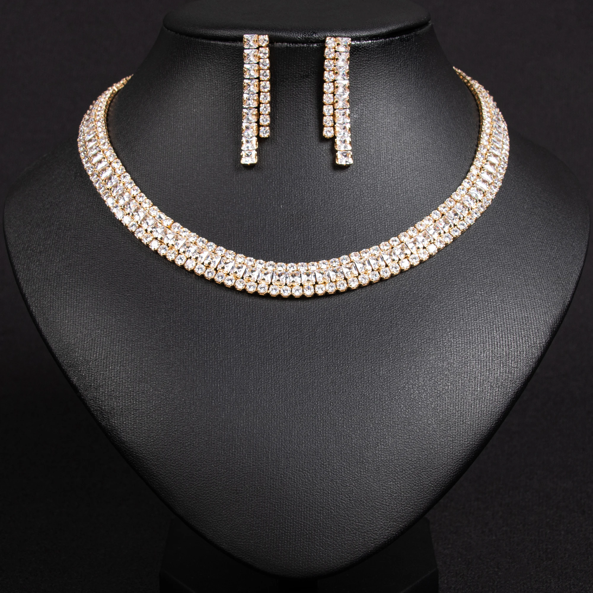 European and American fashion cubic zirconia necklace earring jewelry set for women's weddings