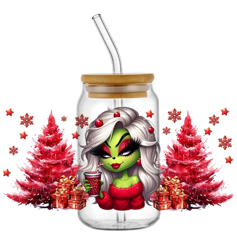 Minoso New Design Christmas Pretty Hot Santa Girl UV DTF Decal Wrap For 16oz Libbey Glass Can Cup Coffee Wholesale Car Sticker