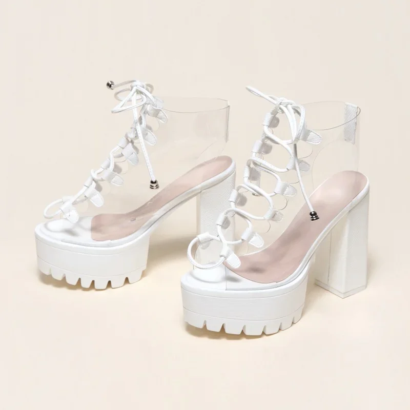 Botas Ladies Fashion Sandals Spring New Fish Mouth Platform PVC Women Boot Candy Transparent High Heel Boot Large Size Sandals42