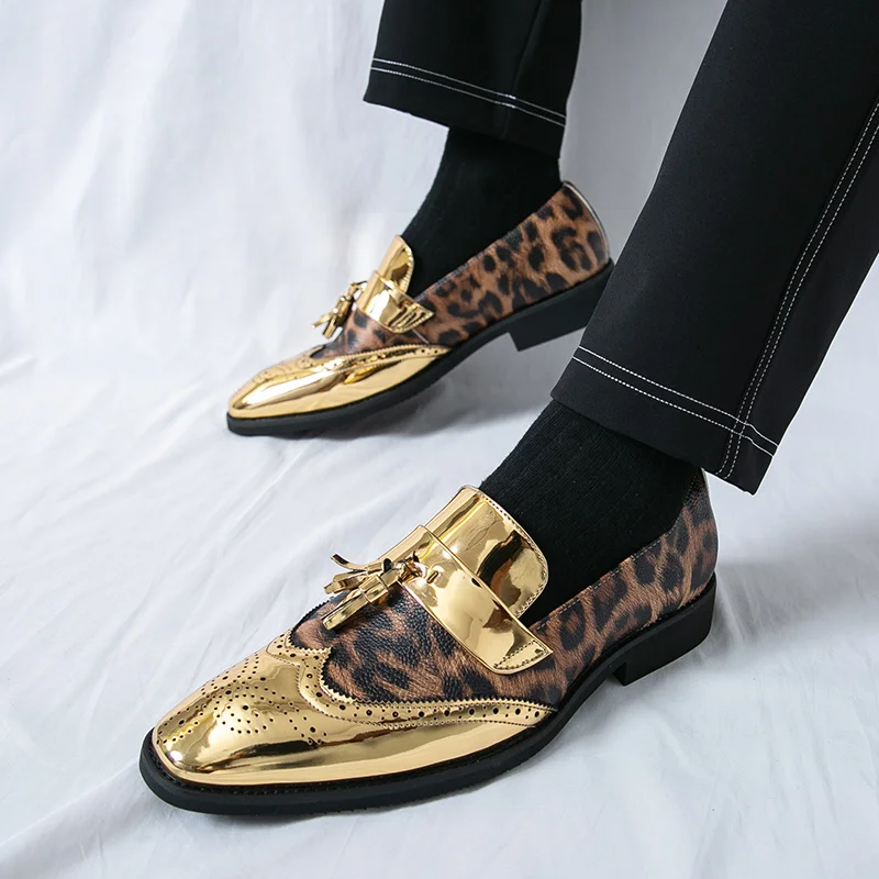 Leopard Print Men Dress Shoes Large Size 48 Luxury Wedding Party Shoes for Man Patent Leather Golden Shoes Men sapato social