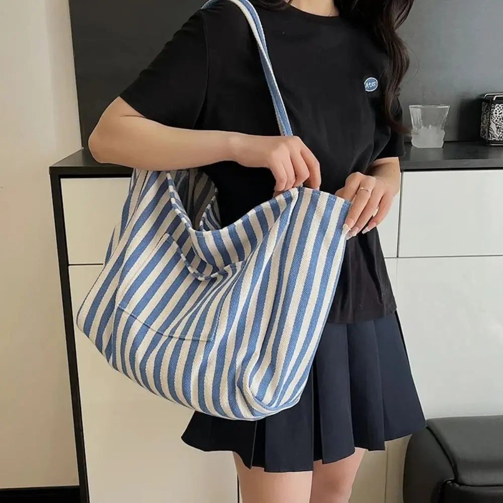 Fashion Canvas Totes Bag Large Capacity Stripe Pattern Shoulder Bags Simple Versatile Shopping Handbag Casual Occasion