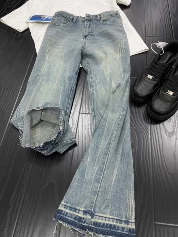 

Мужские джинсы с завышенной талией в стиле ретро, утягивающие прямые джинсовые брюки, расклешенные повседневные брюки с микроклешенными молниями High Street Sle