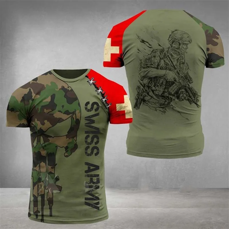 Szwajcaria las kamuflaż T Shirt mężczyźni odzież topy 3D szwajcarski godło narodowe koszulka z nadrukiem żołnierz Camo koszulki z krótkim rękawem