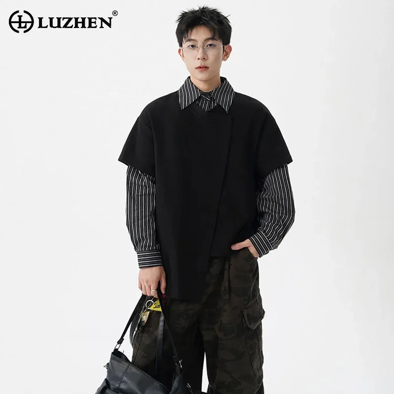 LUZHEN Asymmetric Placket Fake Two Piece Design Original Long Sleeve Pullover T Shirts Men 2025 New Handsome Male Clothes JY3399