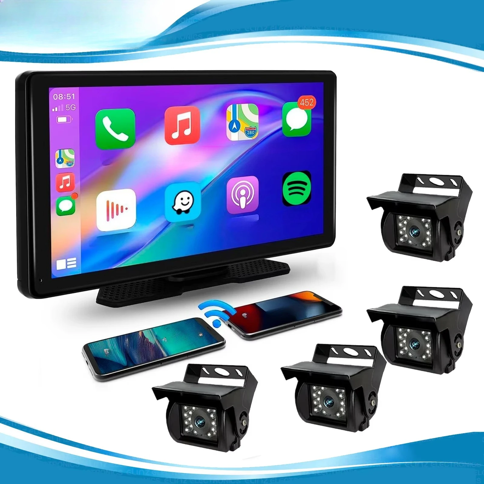 10.36 Inch Quad Split with DVR 4K Mirror Link and Carplay for Monitor Truck Backup Camera