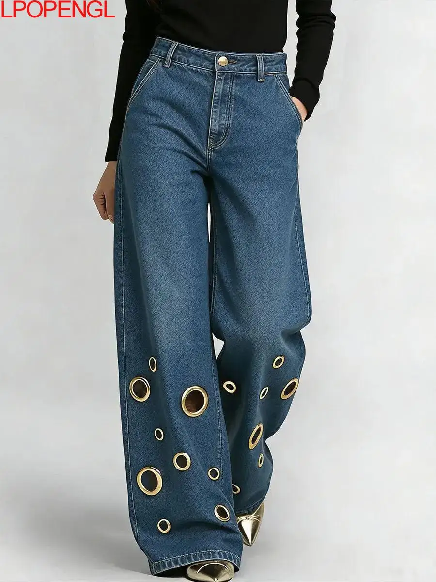 

European And American 2026 New Women's Streetwear New High Waisted Button Loose Wide Leg Jeans Hollow Metal Design Hollow Jeans