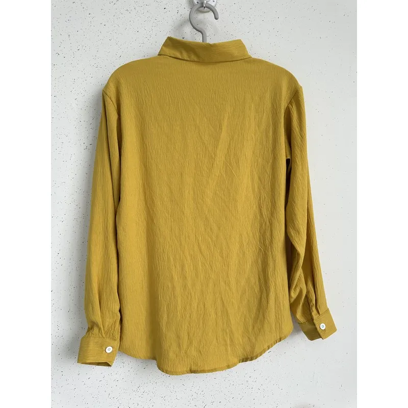 Women Solid Yellow Textured Blouse Lapel Button Down Long Sleeve Shirt With Pockets Casual Loose Tunic Tops