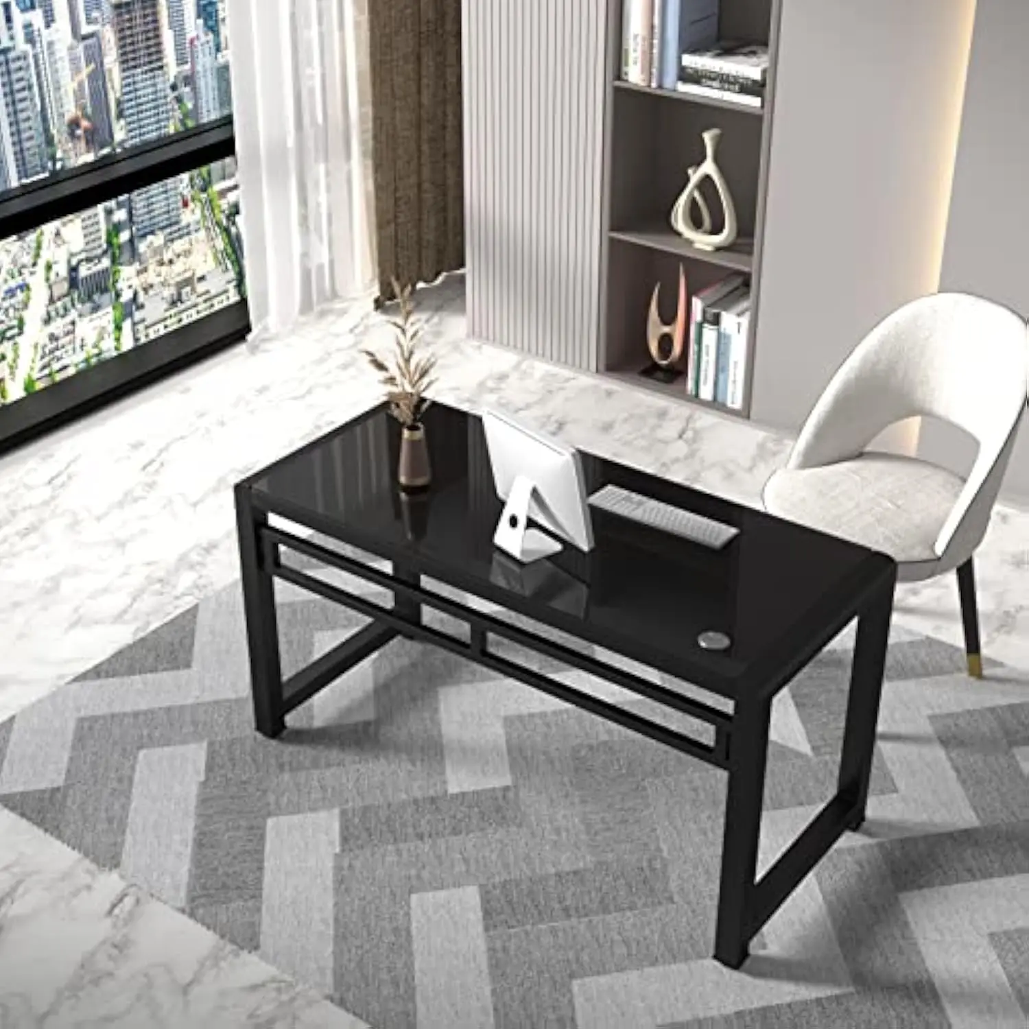 

MASAKA B&W Professional Writing Desk Tempered Glass Top, Study Computer Desk 47.25" Home Office Writing Modern Desk, Stable Wor