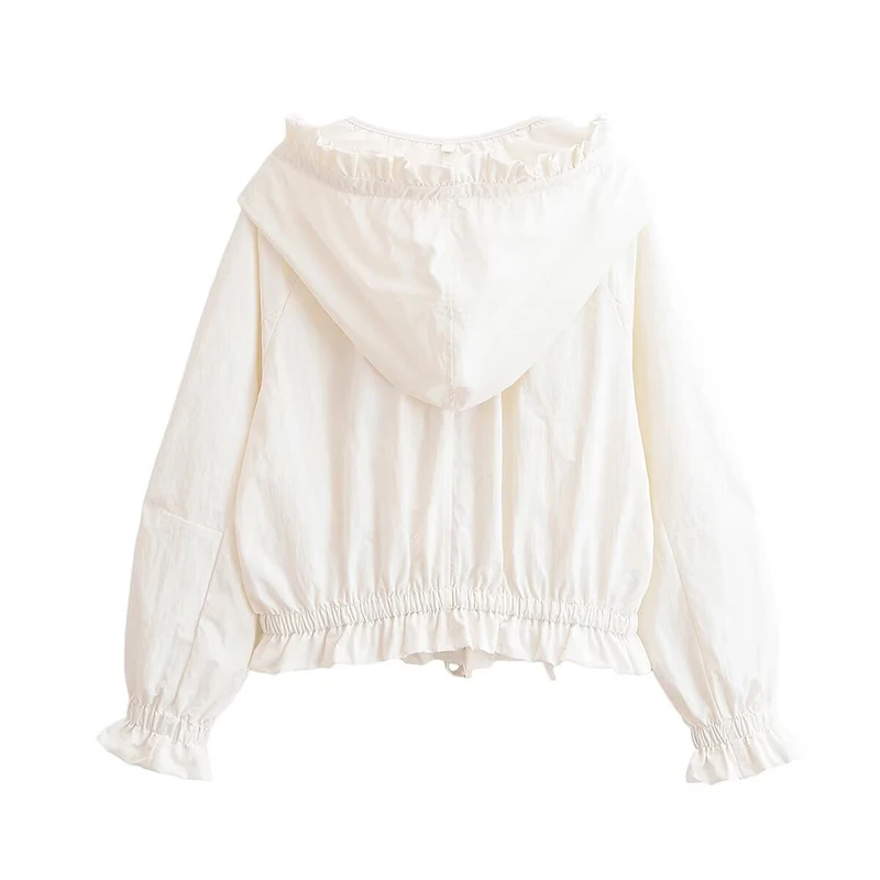 YENKYE 2026 New Women's White Ruffled Zip-Up Jacket Frill Collar Drawstring Waist Puff Sleeve Cropped Outerwear
