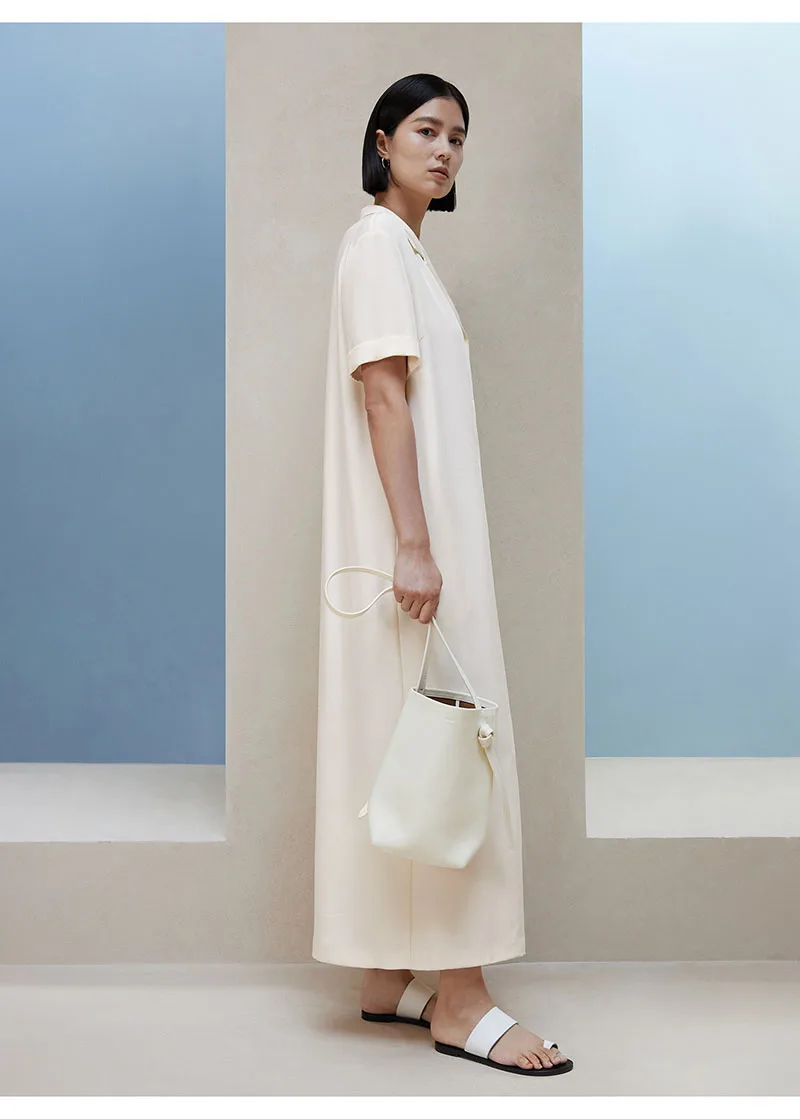 하이 엔드 천연 100% 멀 베리 실크 여성 드레스, 클래식 셔츠 스타일 롱 드레스, 편안하고 캐주얼하며 편안하고 시원한 여름