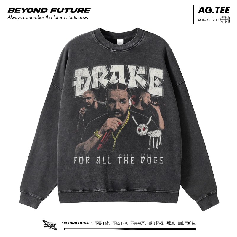 Drake American Hip Hop Rap Do Old Retro Loose Trendy Brand Oversize Bottom Long Sleeve Neutral Sweater