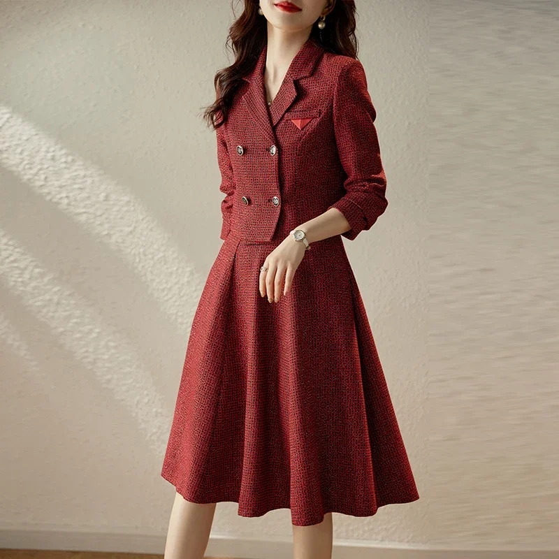

Insozkdg Plaid Women's Woolen Suit Jacket Skirt Sets Autumn Winter Small Fragrant Style Suit Blazer Top Long Skirt Two-piece Set