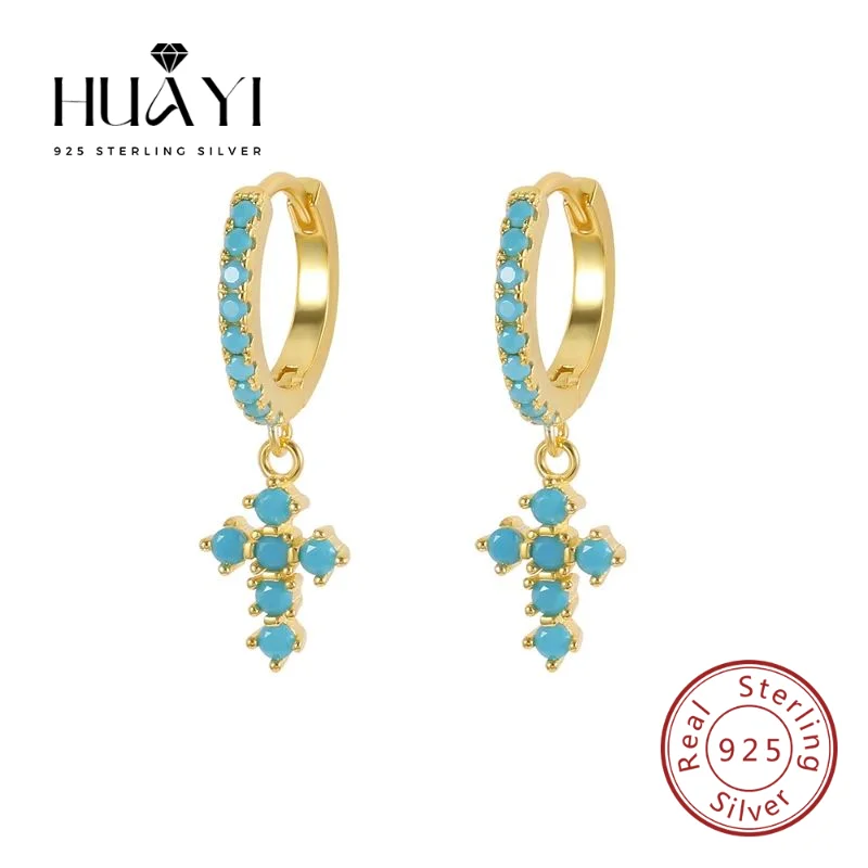 

Модные ювелирные серьги из стерлингового серебра 925 пробы, серьги-крестики с бирюзовым крестом, позолоченные серьги-кольца для женщин