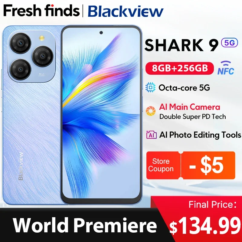 【World premiere】Blackview SHARK 9 5G Smartphone 6.67'' HD+ IPS 90Hz Display 50MP Main Camera NFC GPS Android 14 Mobile Phone