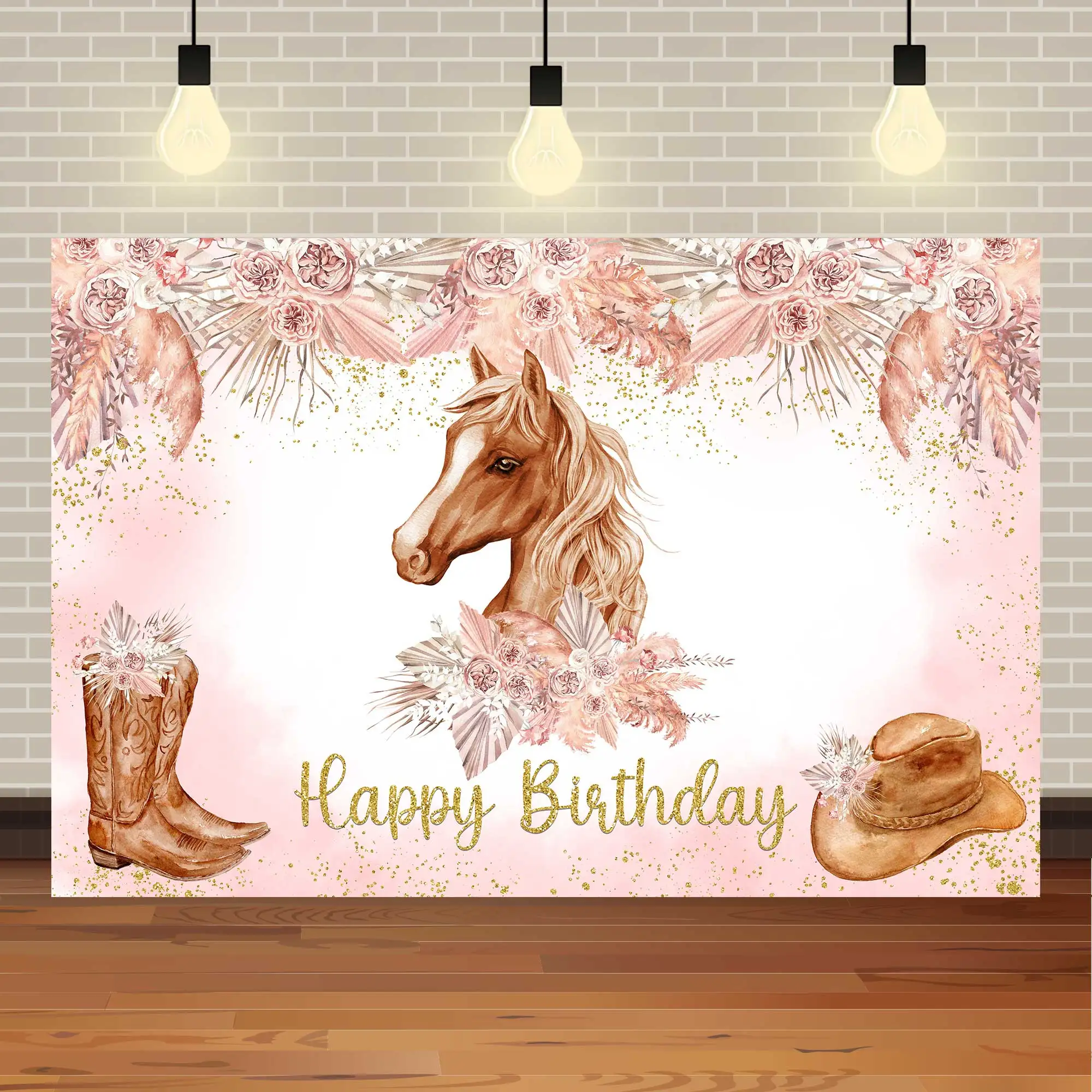 NeoBack عيد ميلاد سعيد الحصان المهر المائية الزهور الذهبي بريق ملون حفلة صور خلفية التصوير خلفية
