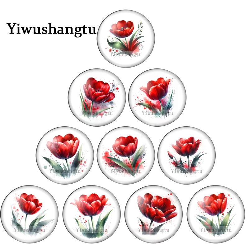 Watercolor Red tulip Art Paintings 12mm/18mm/20mm/25mm Round photo glass cabochon demo flat back Making findings