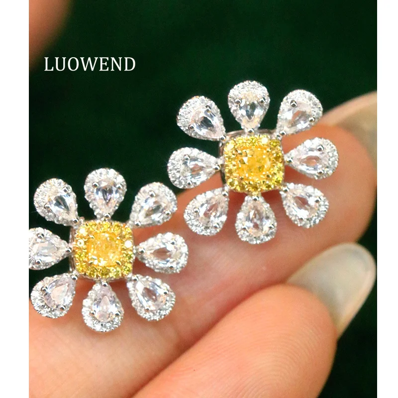 

LUOWEND 100% 18K White Gold Earrings Women Luxury Flower Shape Shiny White Sapphire Natural Yellow Diamond Earrings Fine Jewelry