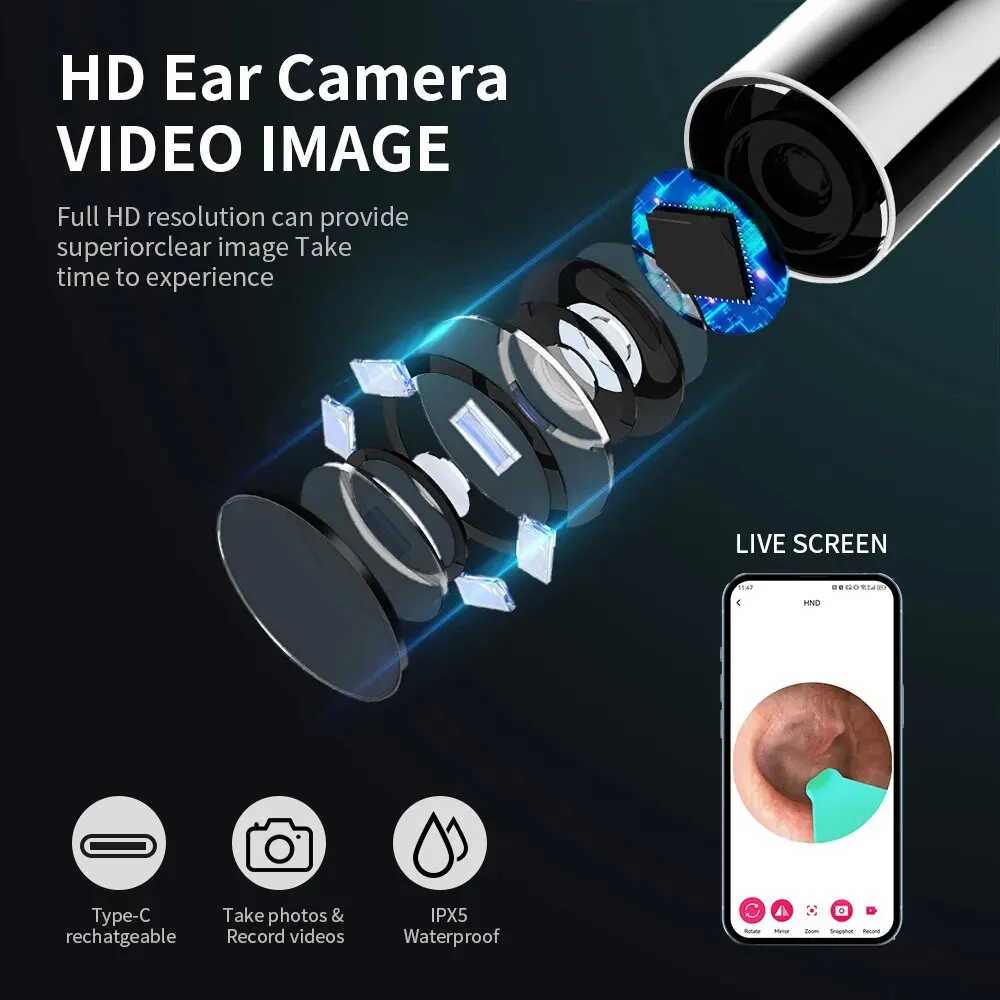 Ear Cleaner sem fio com a câmera, Ear Wax Removal Tool, HD Earpick, 6 luzes LED, 3.6mm Lens, tirar fotos de vídeo, Presentes