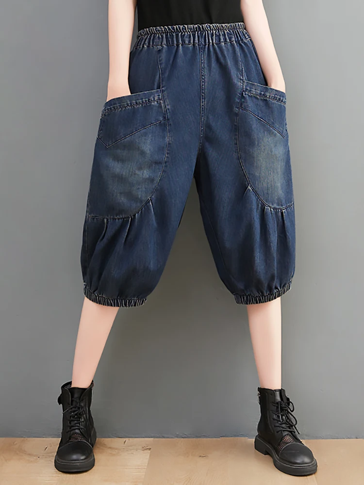 

Summer New Fashion Women Elastic Waist Big Pocket Vintage Baggy Shorts Female Elastic Waist Loose Casual Knee Length Denim Pants