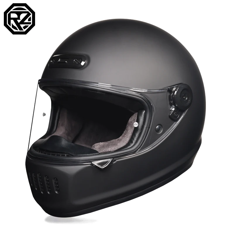 ORZ Retro Full Face Motorcycle Helmet Matte Black ABS Shell DOT Approved   Liner for Motorbike Racing Scooter