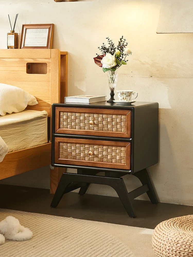 Solid wood rattan bedside modern simple bedroom storage locker, small apartment household mini small locker